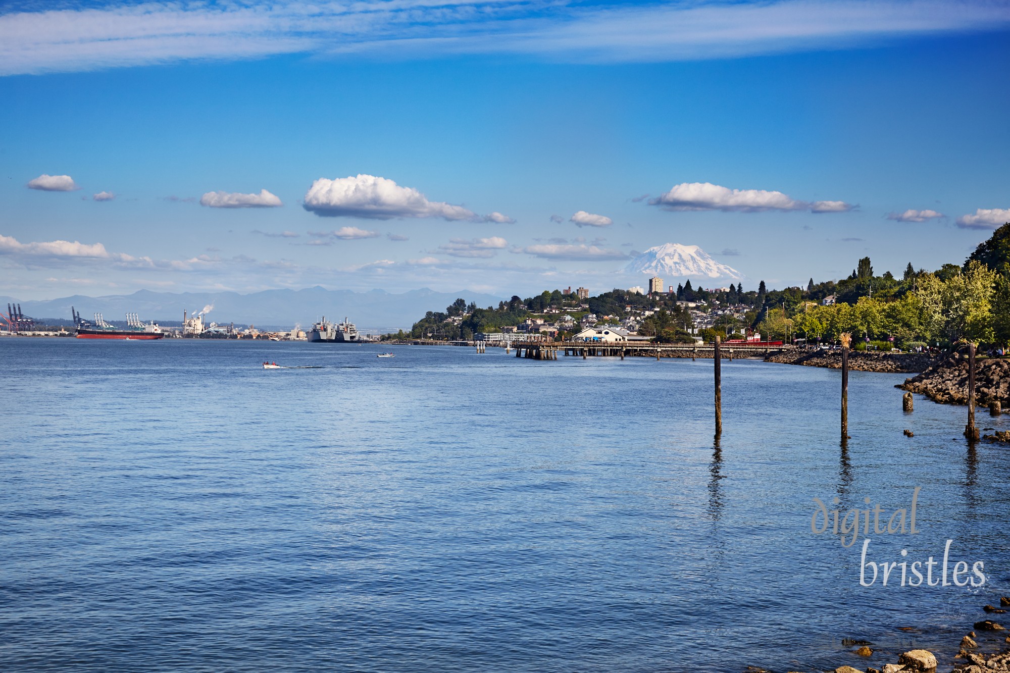 Port of Tacoma with Mount Rainier in the background in beautiful Commencement Bay