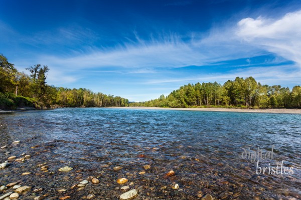 Skykomish River near Monroe, Washington, looking eastward towards the Cascades
