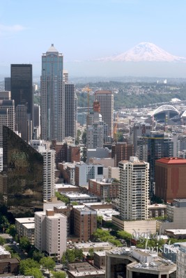 Seattle skyline with construction cranes and Mt. Rainier