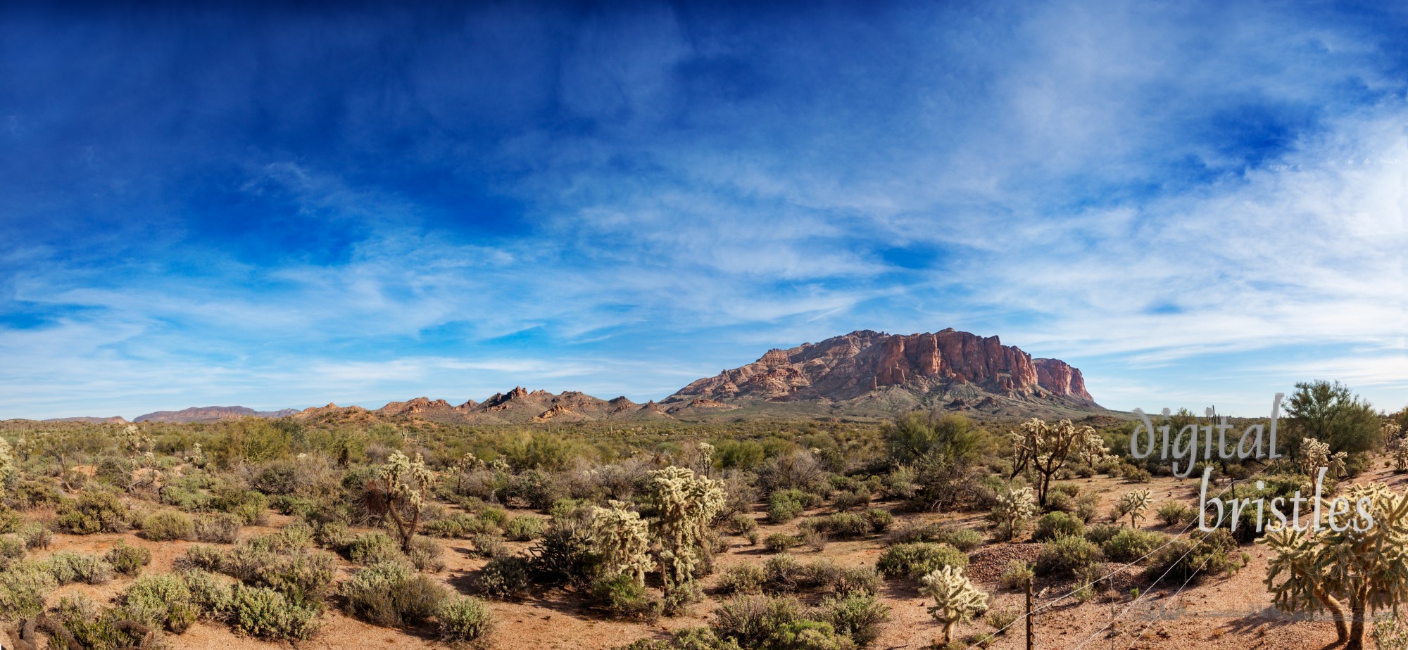 The Flatiron dominates the saguaro and palo verde studded landscape where the Lost Dutchman State Park meets the Tonto National Forest outside Apache Junction, Arizona