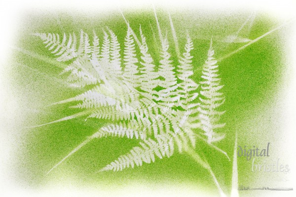 Airbrushed abstract of bracken and long grasses in yellow and green