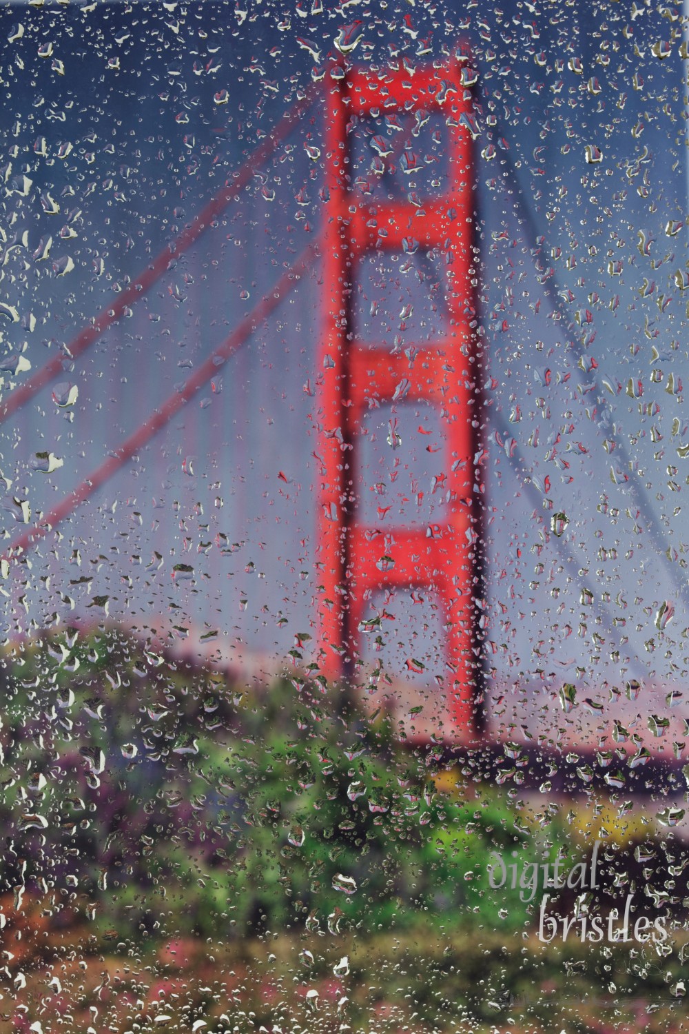 Raindrops on a window looking at the Golden Gate Bridge