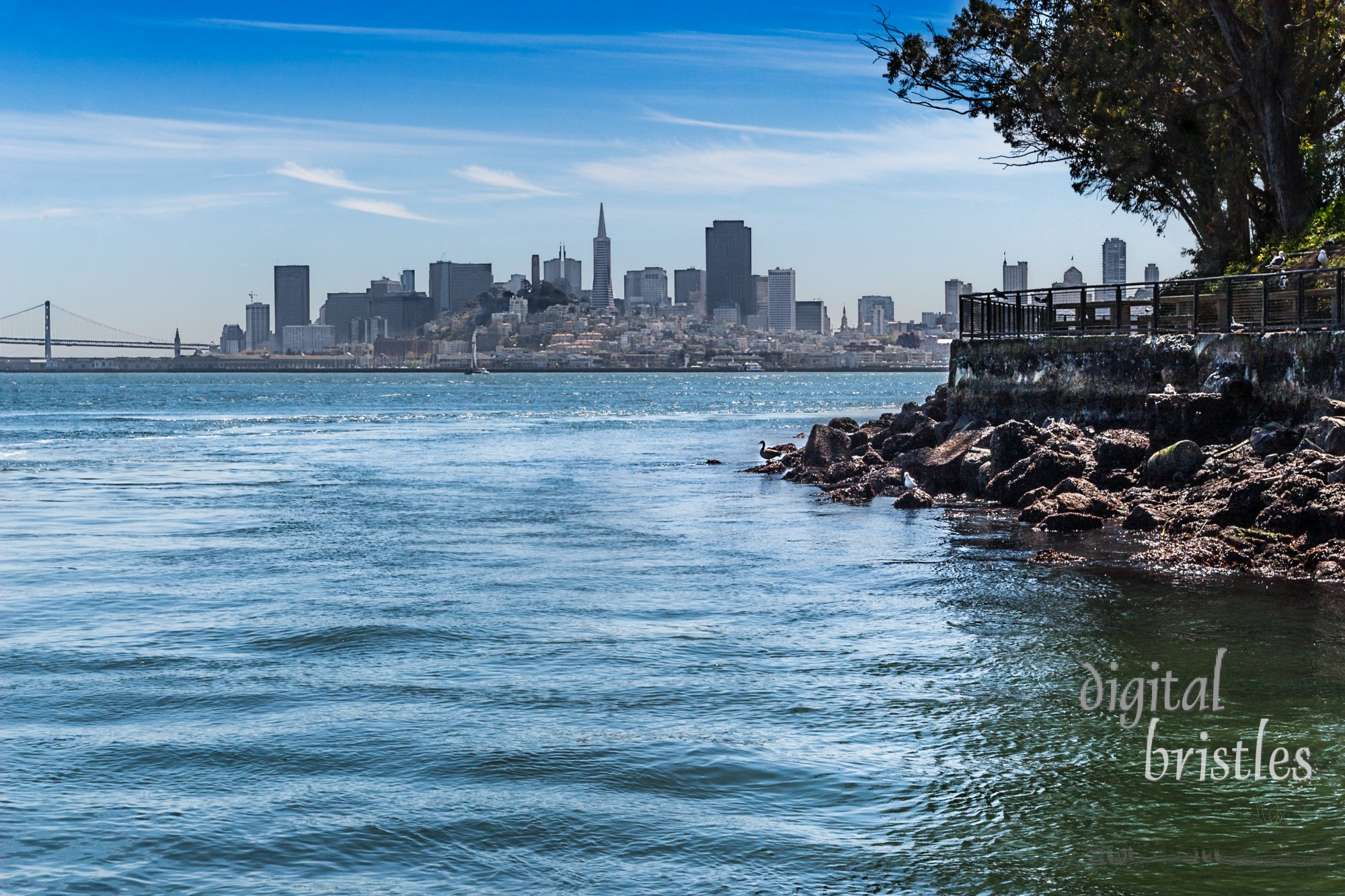 San Francisco and the Oakland Bay Bridge from the dock on Alcatraz Island, California