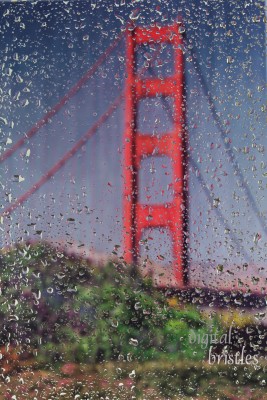 Raindrops on a window looking at the Golden Gate Bridge