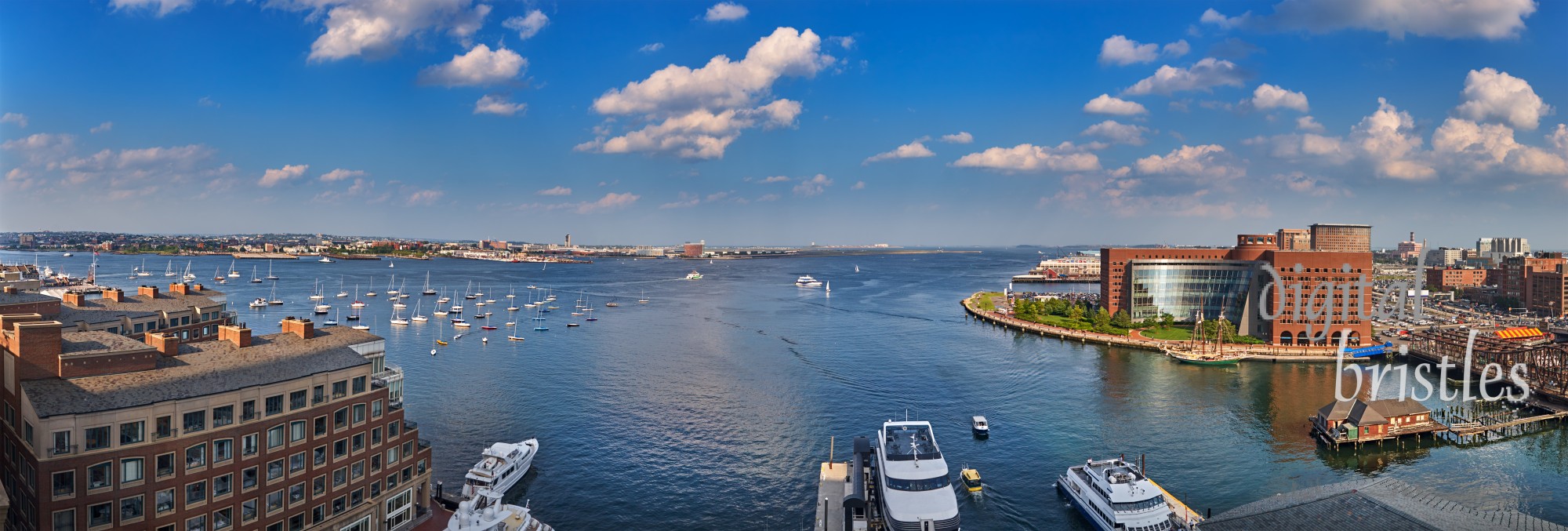 Sunny Boston Harbor with Logan Airport's control tower int he background