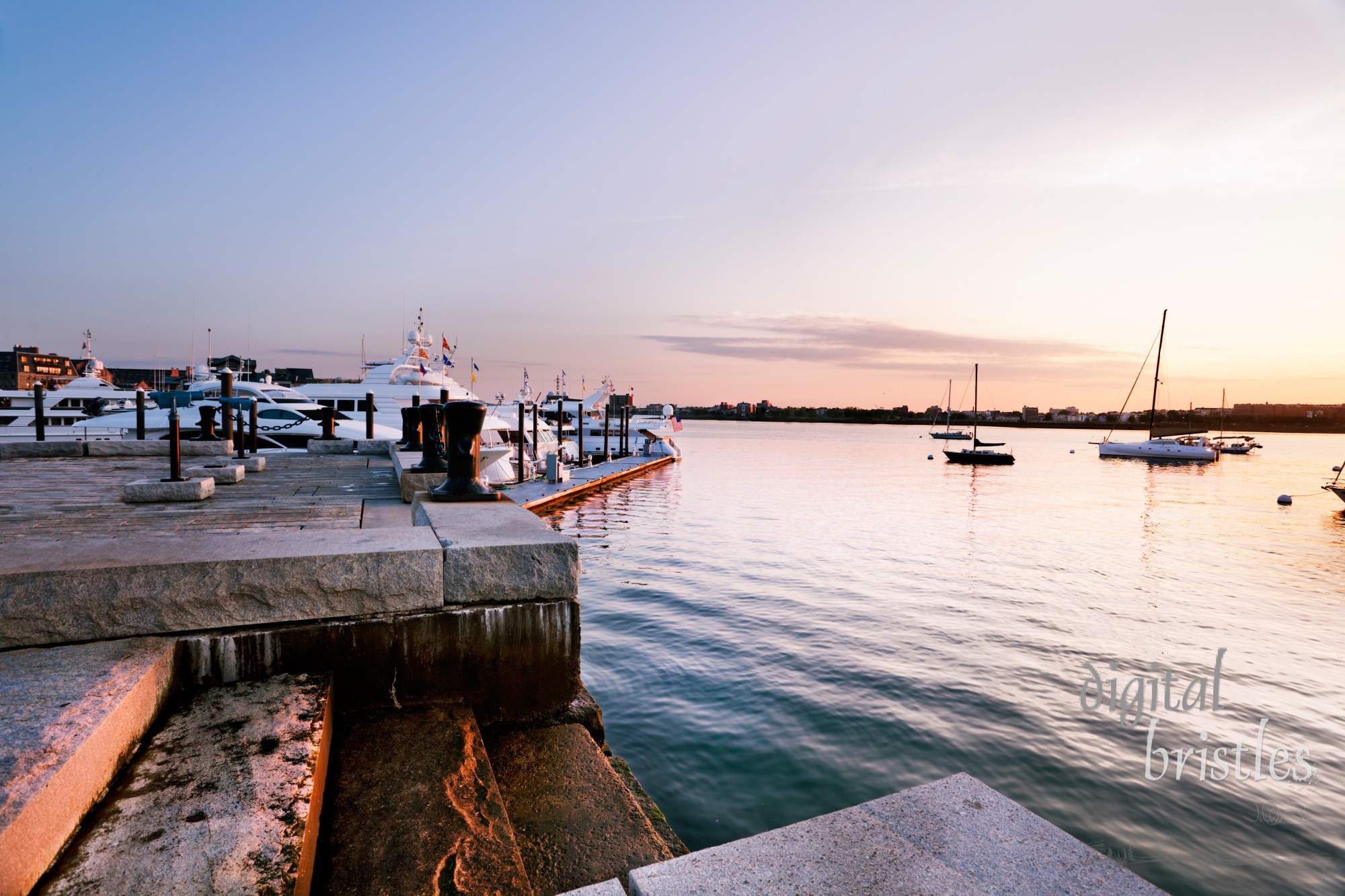 Early morning by steps down into Boston Harbor