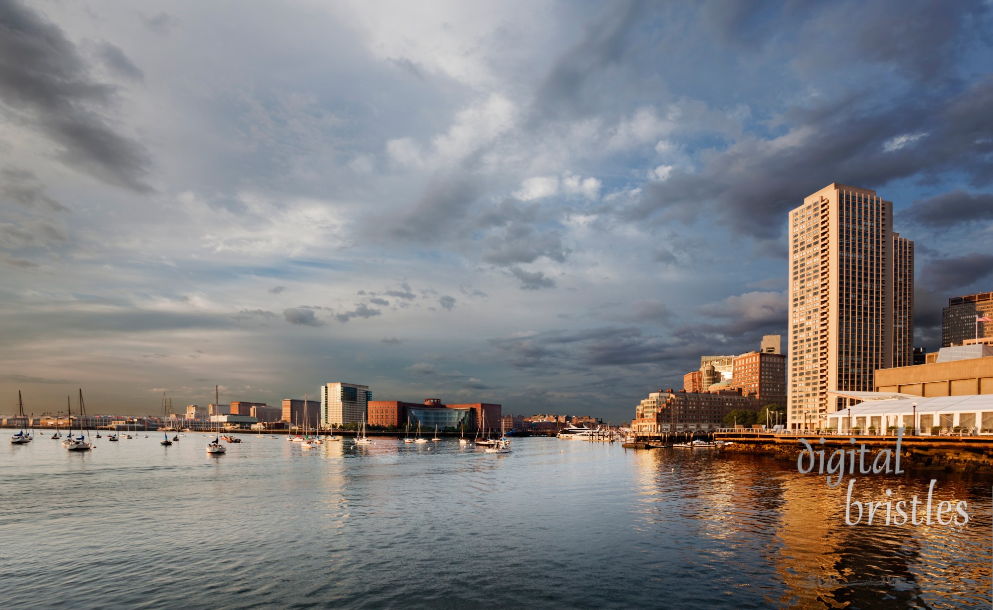 Dramatic morning light on Boston Harbor and waterfront