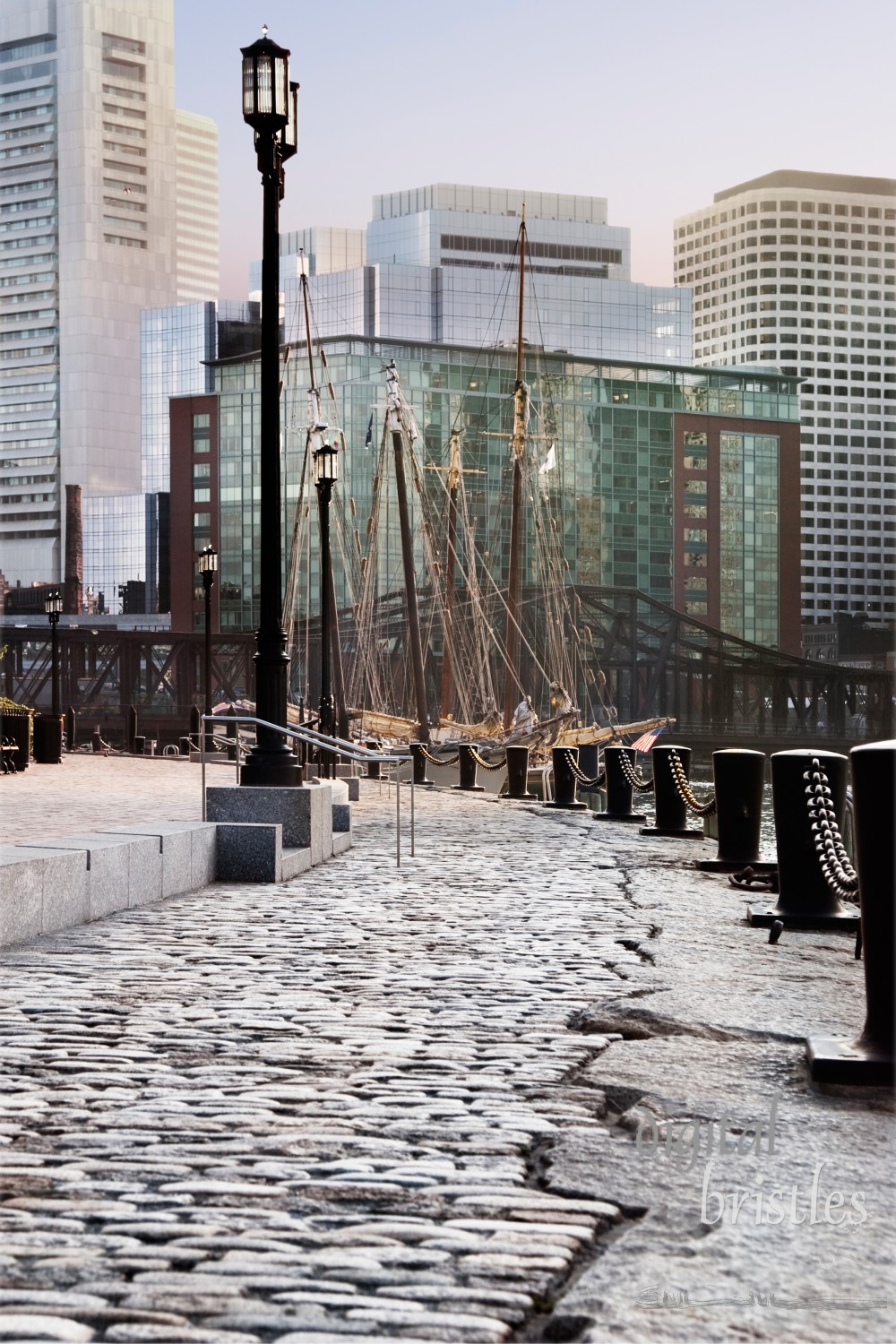 Path along Boston Harbor near sunset