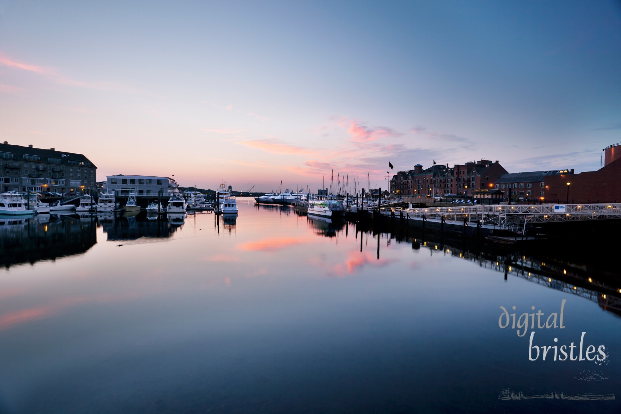 Calm waters of Boston Harbor in the pre-dawn light