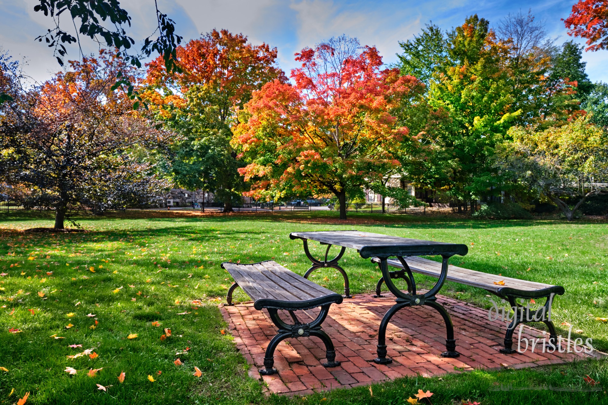 Old fashioined picnic table in Elm Park, Wellesley, on a bright fall day