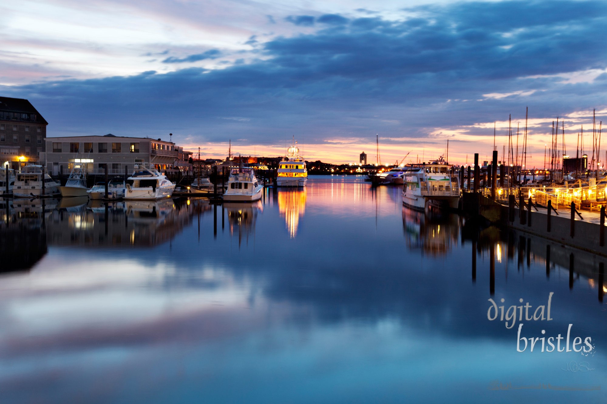 Pre-dawn light at the docks in Boston Harbor