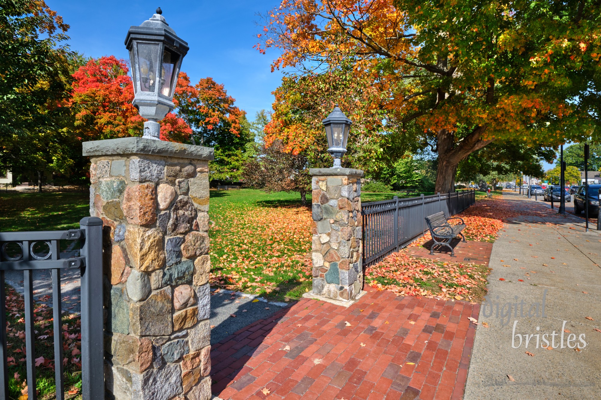 Entrance to Elm Park, on Washington Street, Wellesley on a sunny Autumn morning