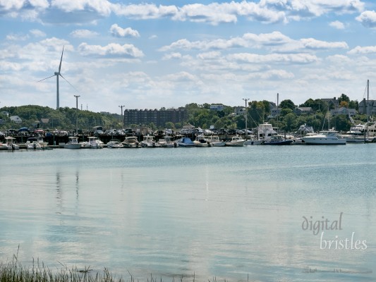 Marina in the basin by Nantasket Beach with the Hull Wind 2 turbine  (inoperable) rising above the trees