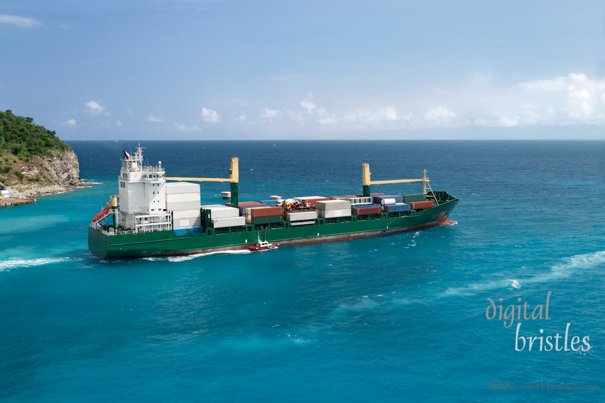 Container ship escorted by a tug boat out to sea with a full load - Sint Maarten