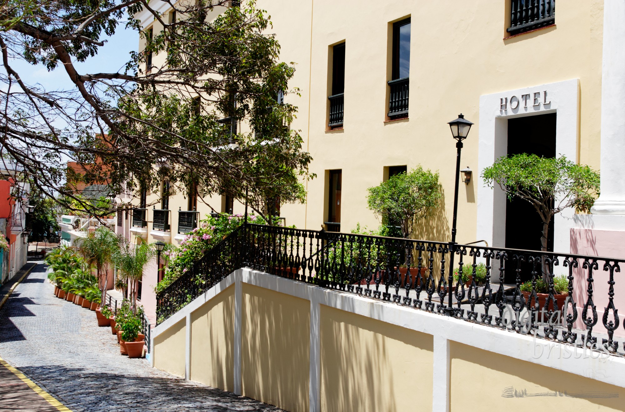 Street in Old San Juan with a hotel entrance