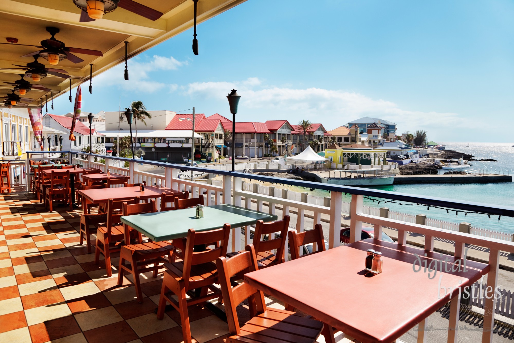 Outside terrace at a restaurant on a quiet day in Georgetown, Grand Cayman