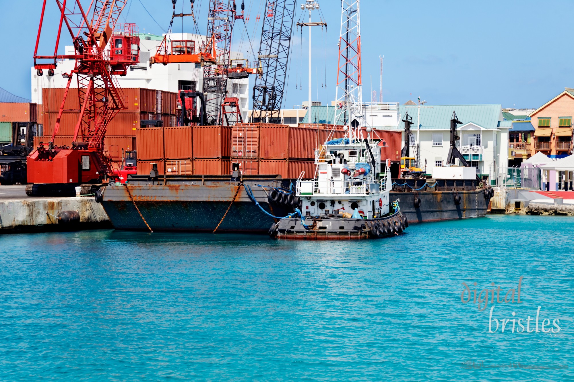 Tugboat, containers and ships in Georgetown, Grand Cayman