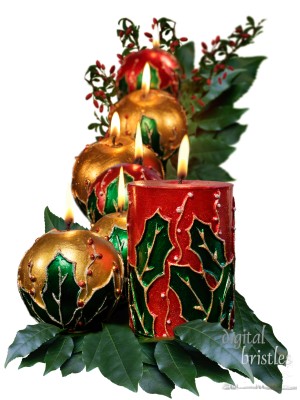 Christmas candles amidst foliage and berries