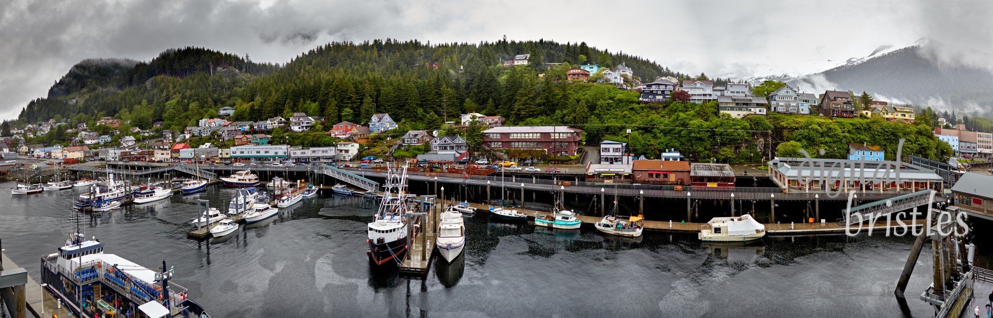 Misty and rainy Ketchikan waterfront on a late spring day