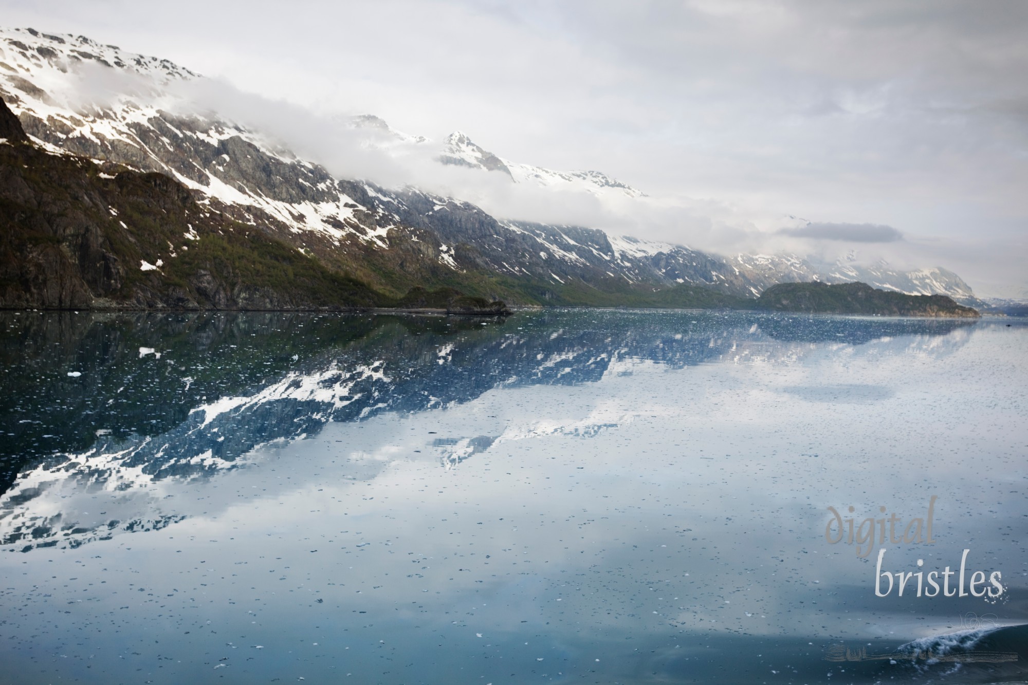 Mountains reflected in ice-strewn Tarr Inlet approaching Margerie Glacier