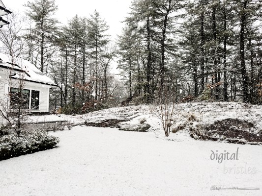 Snowy morning in late fall covers rooftop solar panels