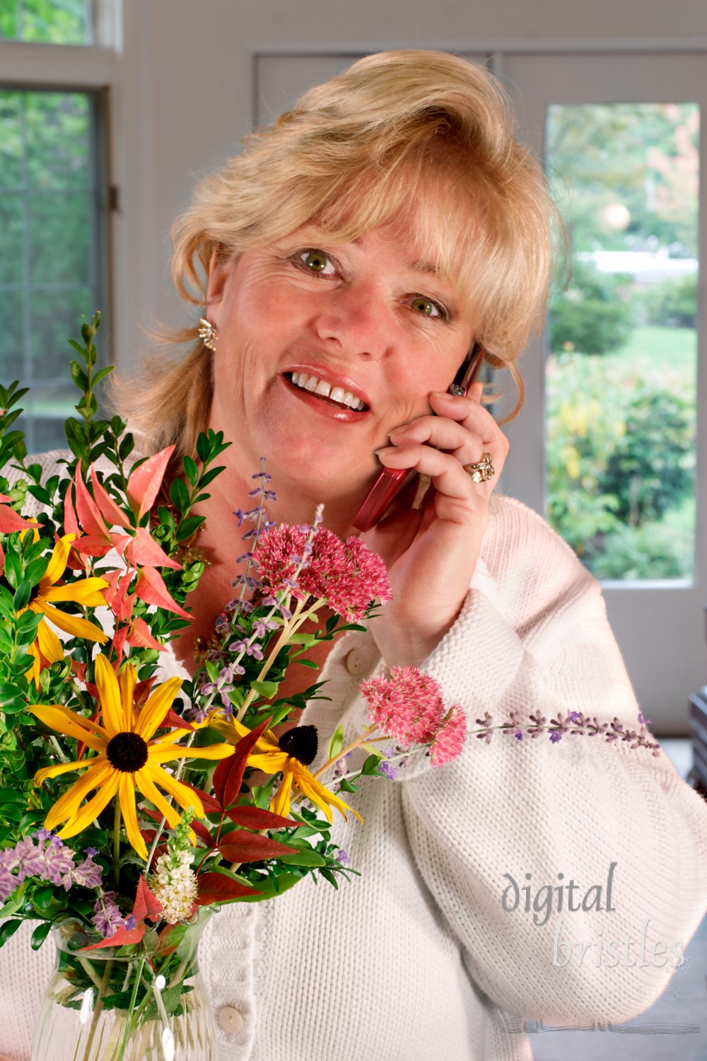 Mature woman chats on the phone