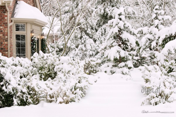 Snowy front entrance to suburban home