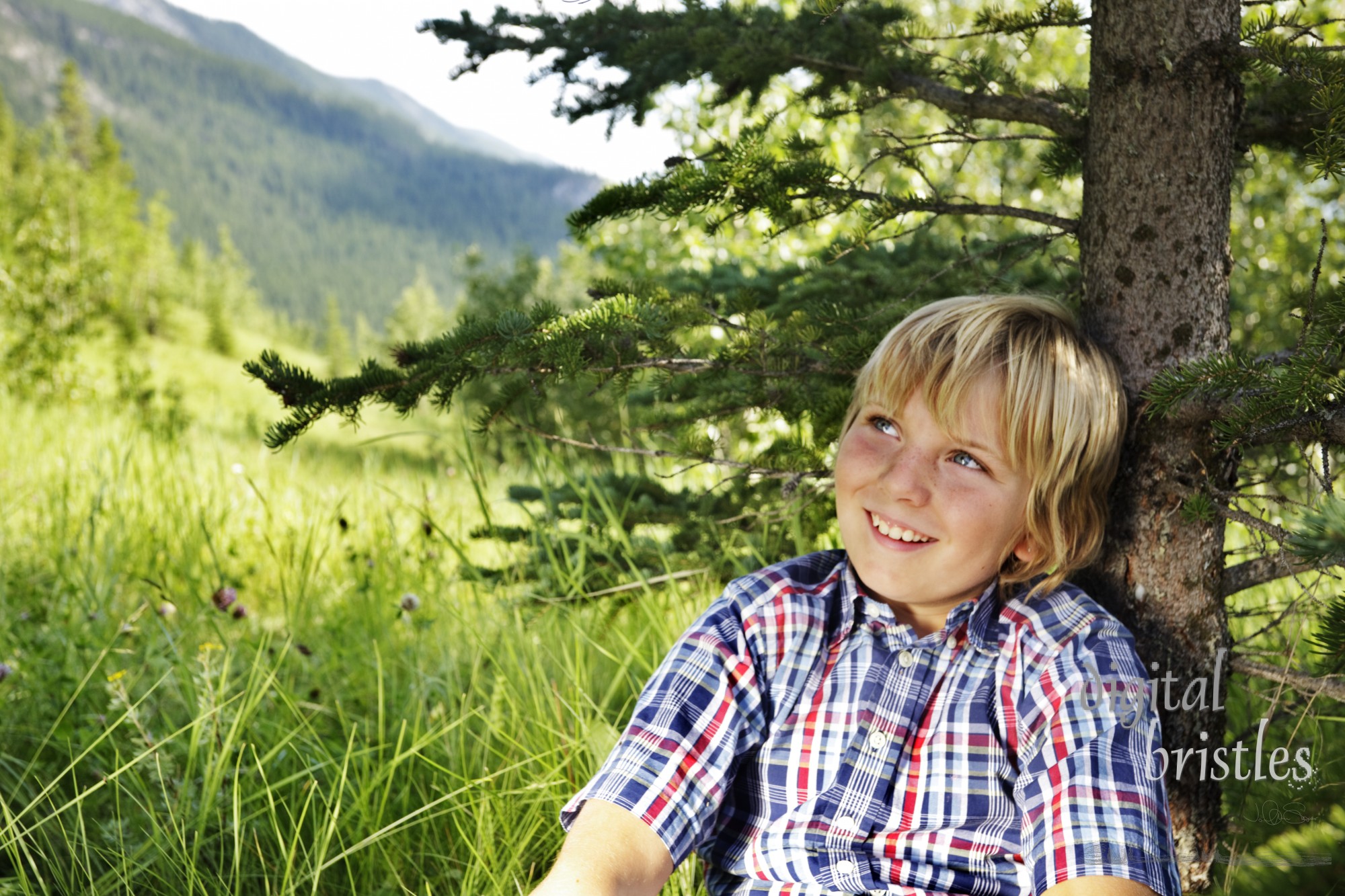 Little boy in a meadow looking up and smiling