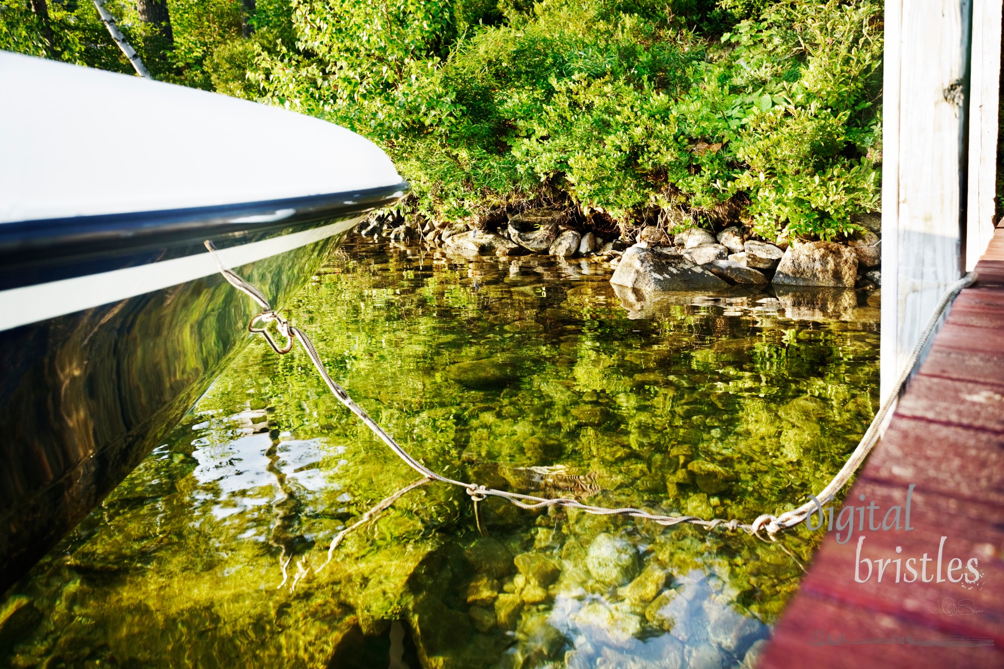 Boat tied up to a lakeside dock