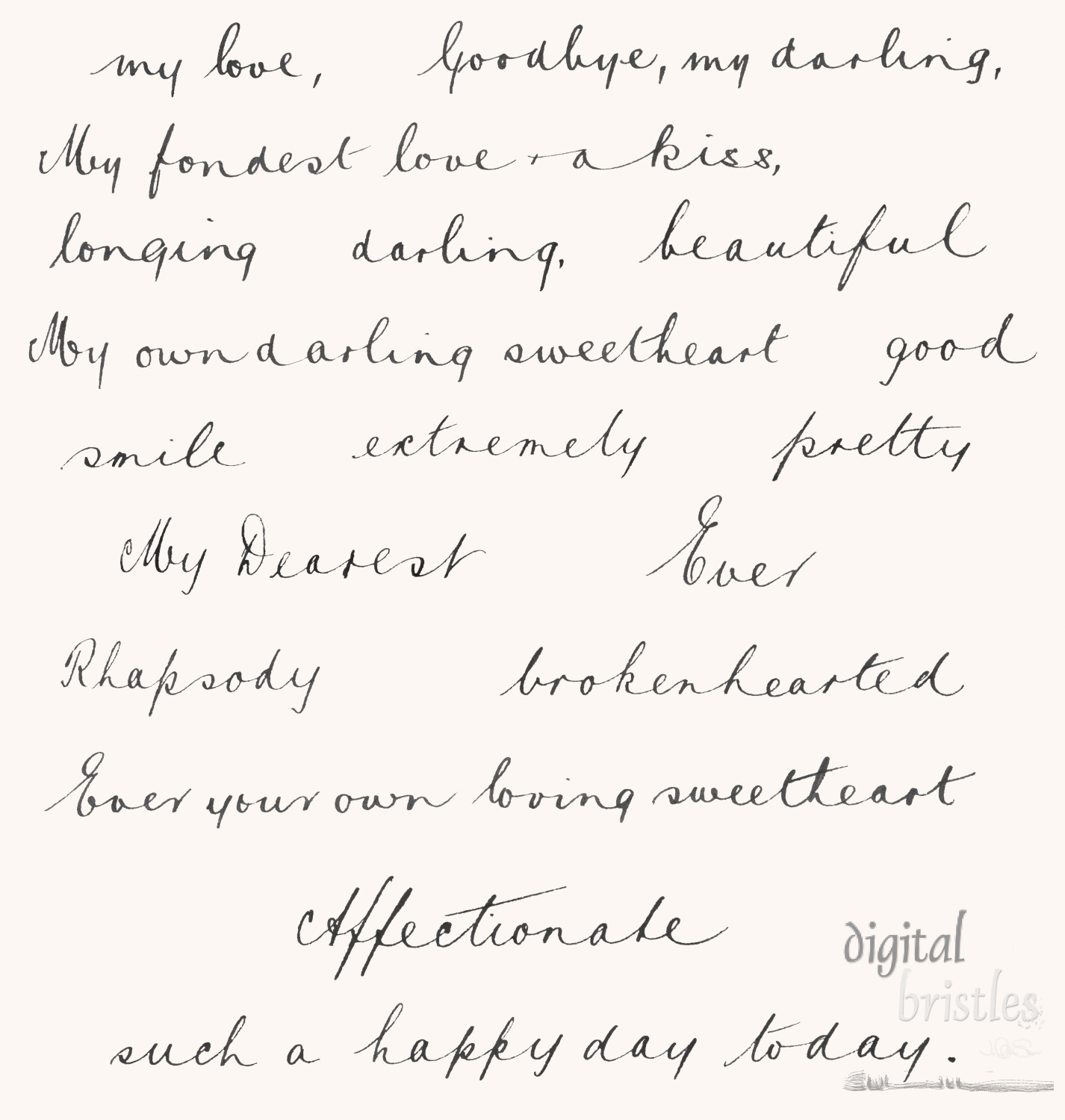 Words of love and affection in copperplate script, written in ink
