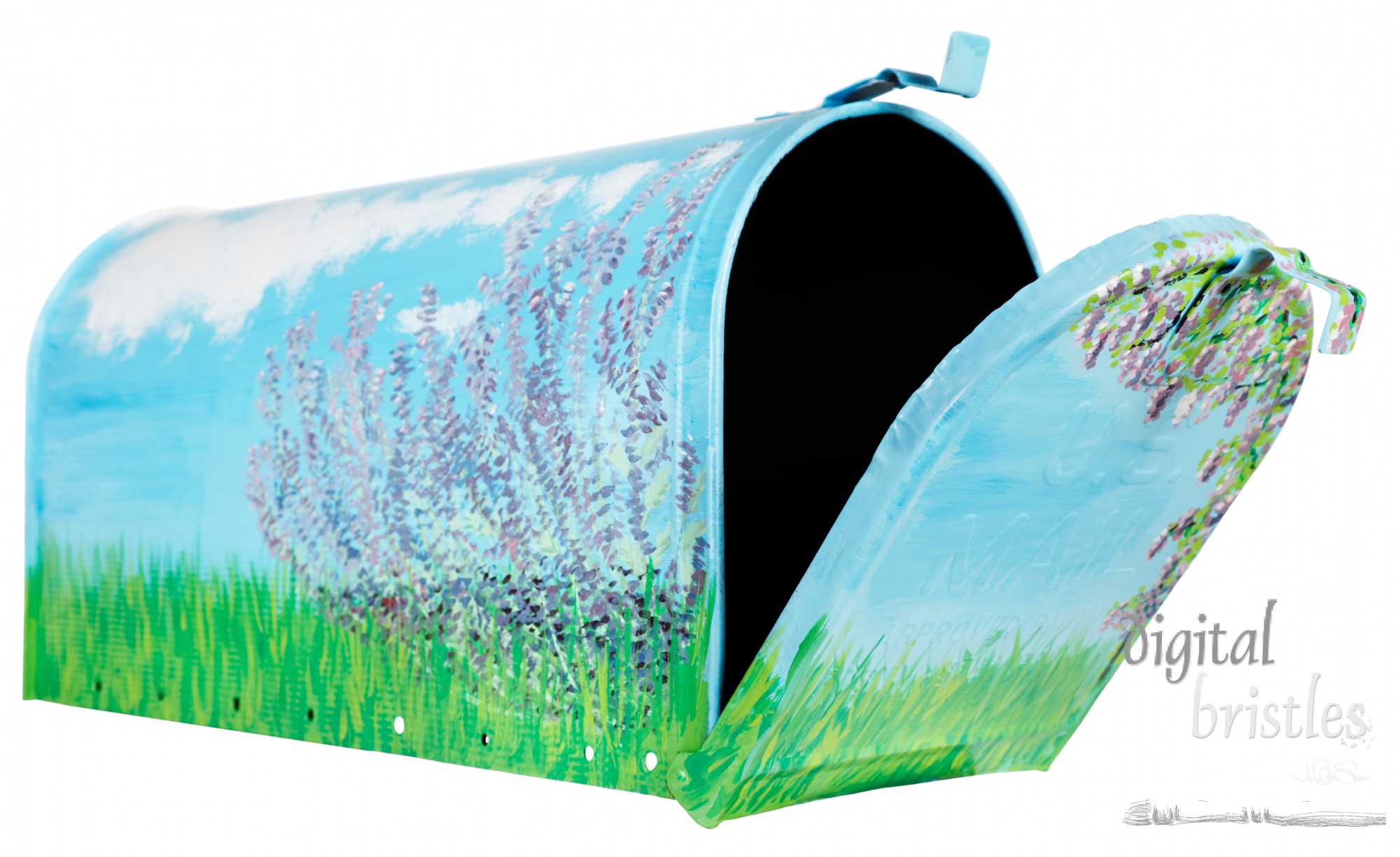 Hand painted lavender & wisteria flowers & grass on an open mailbox
