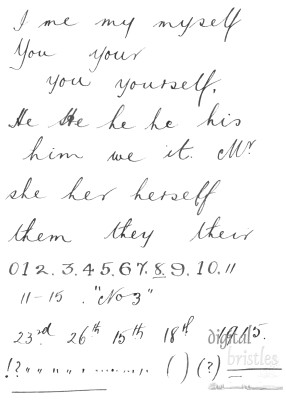 Handwritten words in ink on paper in elegant copperplate script - pronouns, digits and punctuation