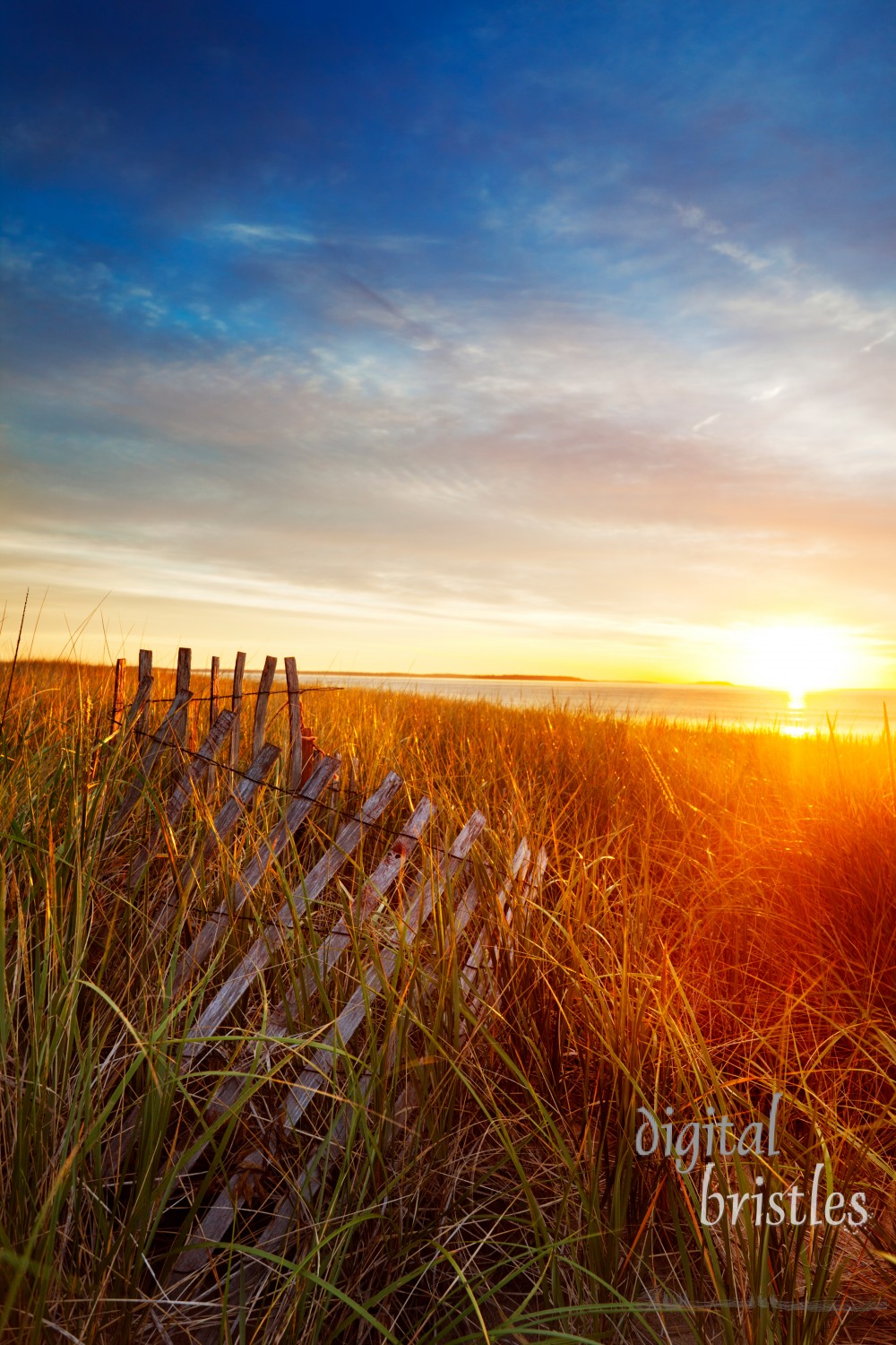 Sun rises over the dunes and a collapsing wooden fence on a Maine beach