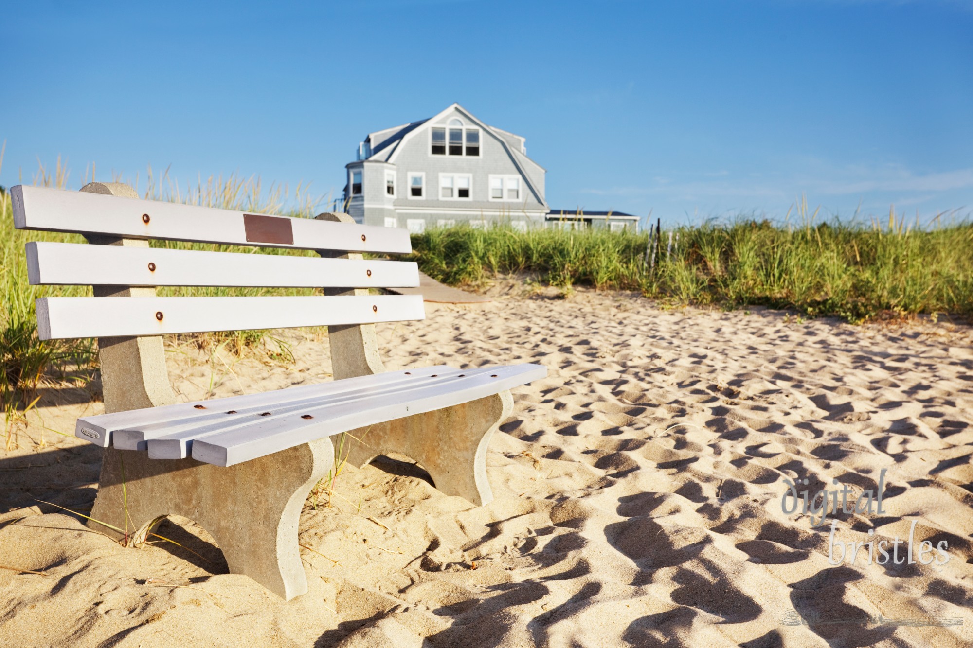 Bench at the end of the boardwalk across the dunes is bathed in early morning light