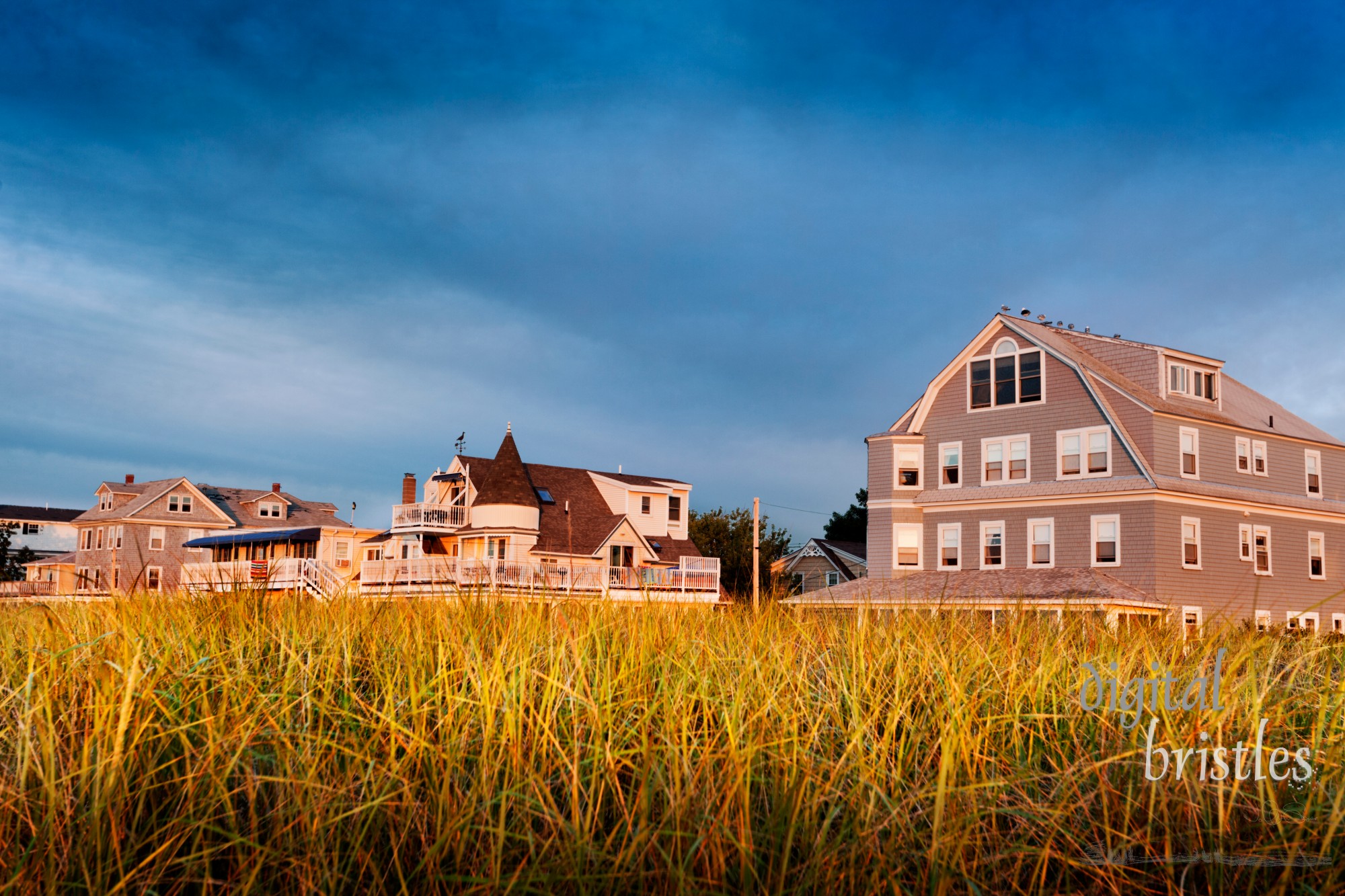 Closer view of Maine beach houses in morning sun