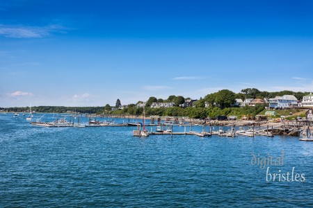Peaks Island homes and docks, West of the ferry terminal, Portland, Maine