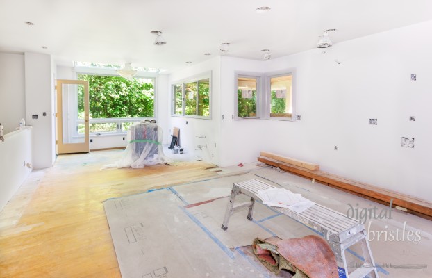 Walls and trim sprayed - recessed cans and light still wrapped and taped