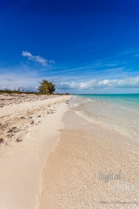 Long Bay Beach on a sunny afternoon, deserted but for some kite surfers in the distance
